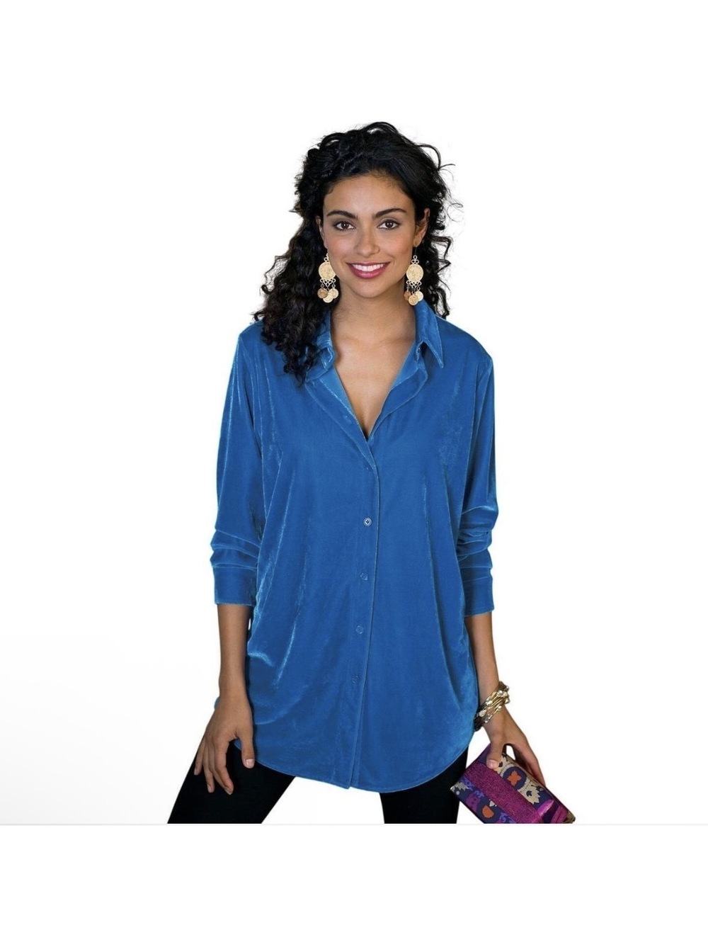 Soft Surroundings Royal Blue Velvet Boyfriend Tunic Top Button Down Shirt Large
